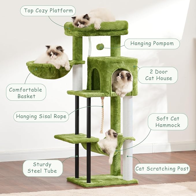 Cat Tree, 43.3'' Cat Tower with Hammock for Kittens GCT004SGR | Cat Condo House for Small Indoor Cats, Basket, Scratching Post, Large Platform, Sturdy Steel Tube, Sisal Rope, Green