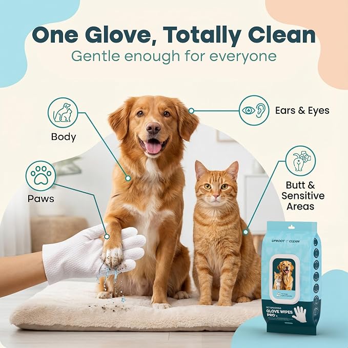 Uproot Clean Pet Grooming Gloves: Deodorizing & Grooming, 3-Month Supply | Extra-Thick Cat & Dog Wipe for Clean Paws, Eyes, Ears, Butt & Body, Lick-Safe. Mess-Free - Removing Tough Dirt, Odor, Oils