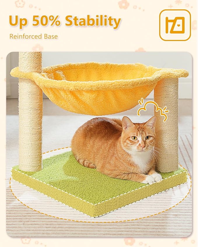 MUTTROS 28" Flower Cat Tree Cute with Flower Top Perch, Large Hammock for Indoor Small Cats, Small Cat Tower with Cute Scratching Post and Fur Toy Ball for Kittens, Yellow