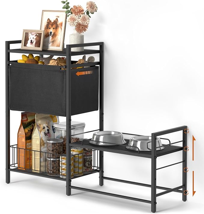Lomivra Elevated Dog Bowls, Raised Dog Bowl Stand with Dog Toy Bin Basket Dog Food and Water Bowl Feeding Station, Lifted Dog Bowl Holder Cabinet with Pet Storage Organizer for Large Medium Small Dogs
