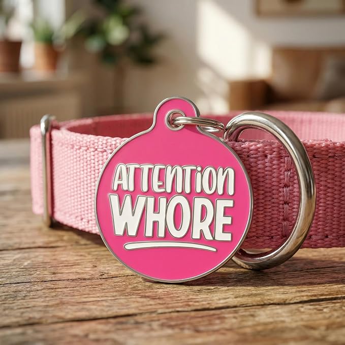 Bad Tags Personalized Dog and Cat ID Tags in 25+ Designs and 2 Sizes - 5 Lines of Custom Engraved Text - Funny Cute Personalized Pet Tags (Attention Wh*re, Small (1 inch))
