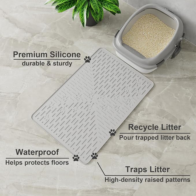 OHMO Cat Litter Mat, 23.5x16 Silicone Trapping Mat Ash Grey | for Kitty Litter Box, Easy Clean, BPA Free Rubber, Center Litter Collection, Easy Pour-Back, Waterproof, Odor-Resistant