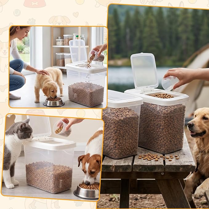 2 Pack 18 Lbs Airtight Dog Food Storage Container with Scoops | 2 Measuring Cups, Flip Lids, Clear Bins with Markings, Preserve Freshness, Pet Dog Cat Rice Grain Treat Storage