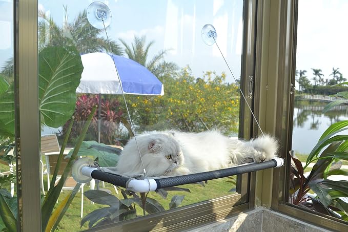 PEFUNY Cat Window Hammock – Mess-Free Waterproof Cats Window Perch for Large Cats, Strong Suction Cup Hammock with Flannel Cover, Indoor Cat Seat, Black