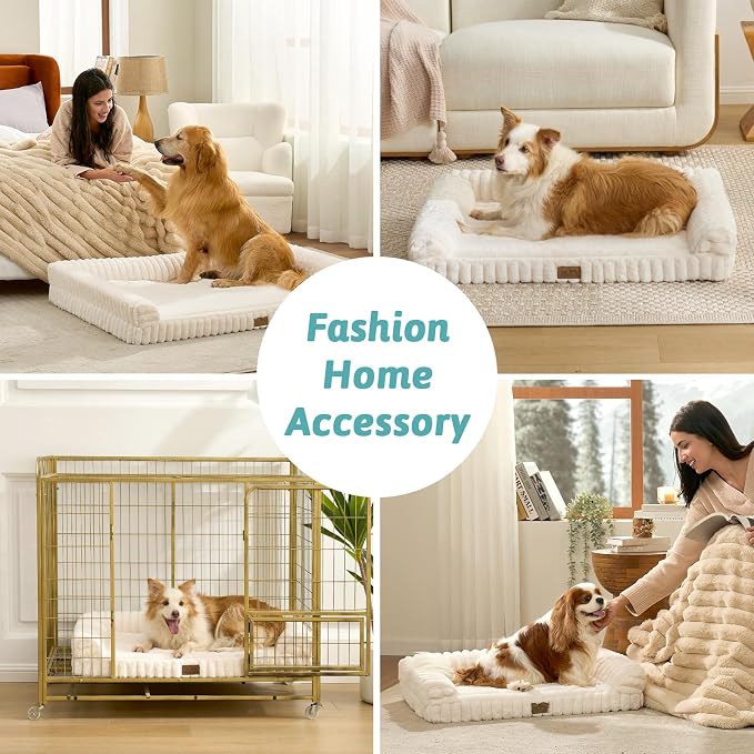 COZY KISS Ultra Soft Faux Rabbit Fur Dog Bed for Extra Large Dogs – 48"x35" Orthopedic Foam Couch, Removable Washable Cover & Waterproof Lining, Tie-Dye Brown