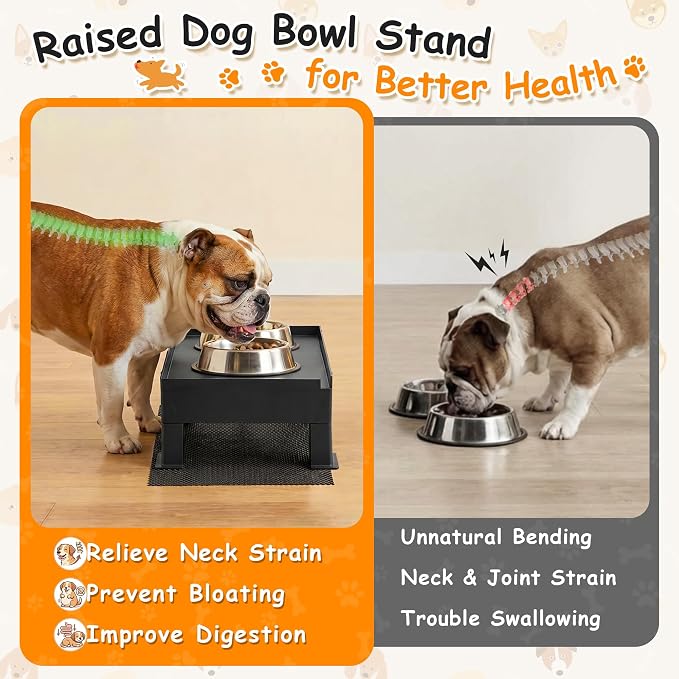 2 Set Elevated Dog Bowl Stand and Waterproof Non Slip Mat, Gray Pad | Reduce Neck, Joint and Spinal Strain, Sturdy Legs, Easy Clean Silicone Pet Food Mat, For Small & Medium Dogs, Cats