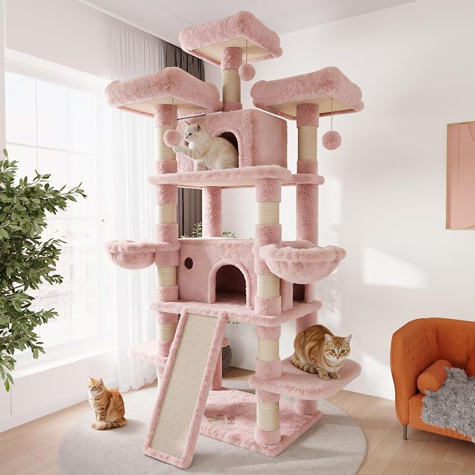 SHA CERLIN 81 Inches Extra Large Cat Tree for Indoor Adult Cats/XXL Big Cat Tower with Condo/Cozy Perches/Sisal Scratching Posts and Hammocks/Activity Center/F80/Heavy Duty/Pink