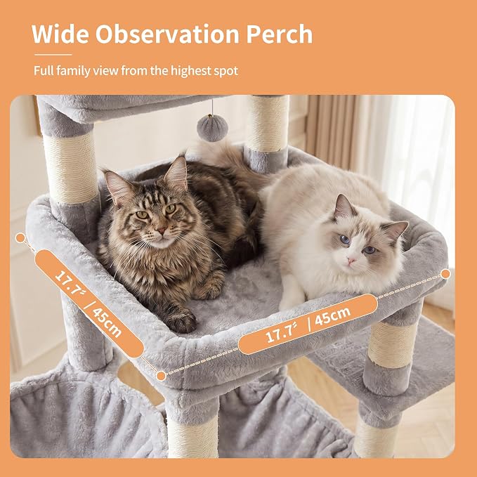 Heybly Floor to Ceiling Cat Tree, 104.7"-116.5" Height-Adjustable HCT92W | Expanded Wide Cat Climbing Tower with Wide Perch, 2 Spacious Cat Condos & 15 Scratching Posts for Indoor Cats, Light Gray