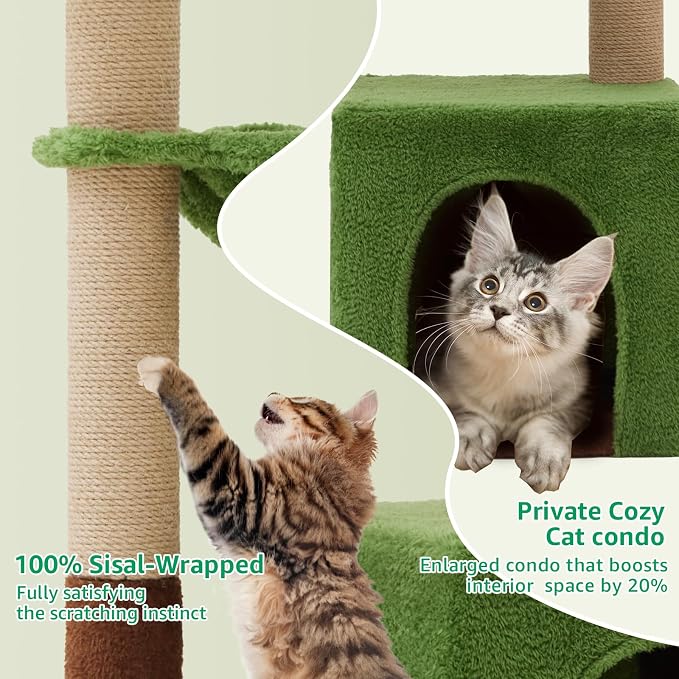 WOOCHPET Palm Tree Cat Tree 37 Inch Scratching Post Tower Tropical Jungle Playground with Natural Jute Sisal Rope Cozy Plush Hammock Private Cave Condo Toy Mouse Stable Faux Grass Base