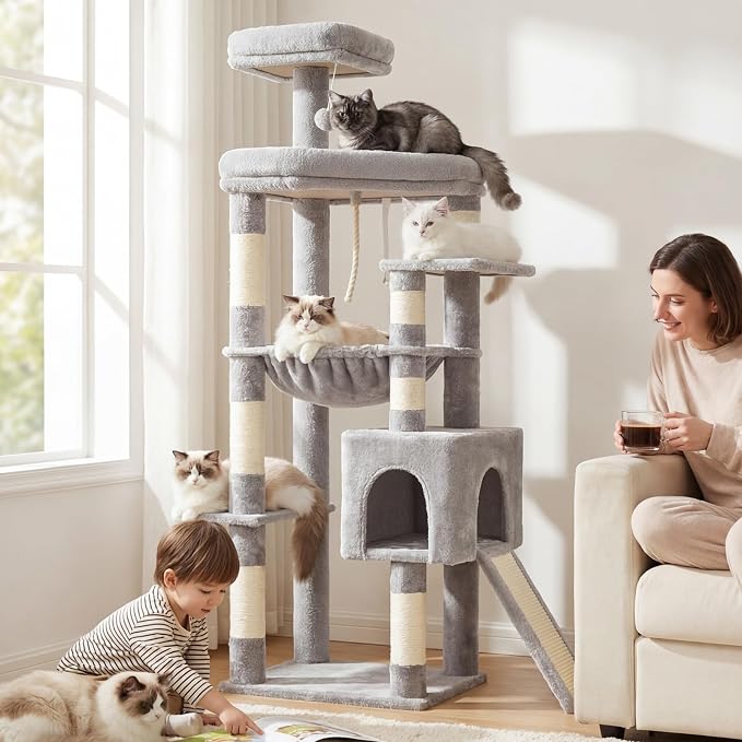 Heybly 64.2" Heavy-Duty Cat Tree for Large Cats with Wide Base HCT027W | Indoor Cat Tower with Scratching Posts & Board, Cat Furniture with Big Platforms, Extra-Large Hammock, Light Gray