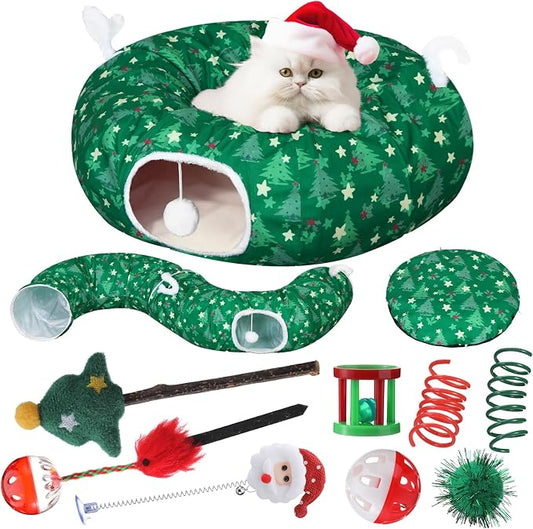 Dansydaisy Cat Tunnel Christmas Tree Skirt, Green Christmas Tree Cat Tunnel Bed with Star and Toys, Hanging Pom Ball Plush Washable Cushion Peekaboo Playground for Small Medium Rabbit Xmas Decor