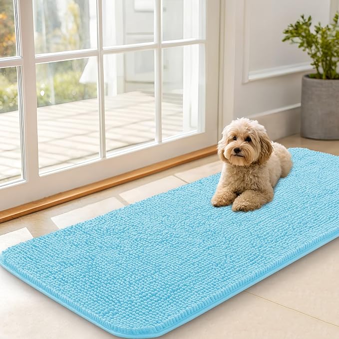 OLANLY Dog Door Mat for Muddy Paws 47x20, Super Absorbent Chenille Mud Mat | Blue, Absorbs Moisture and Dirt, Non-Slip Machine Washable Doormat, Quick-Drying Indoor Entryway Floor Carpet for Dogs