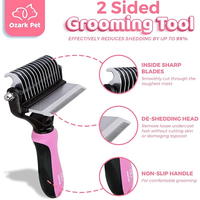 Grooming Brush for Dog/Cat with 2 Sided Grooming Brush for De-Shedding, De-Matting Reduces Shedding up to 95%, Great Short to Long Hair (Pink, Small)