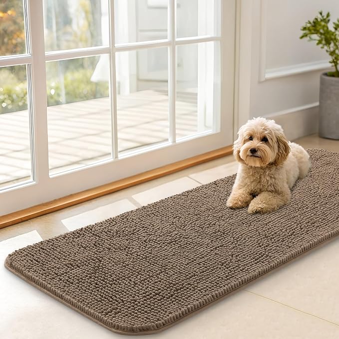 OLANLY Dog Door Mat for Muddy Paws 47x17, Super Absorbent Chenille Mud Mat | Tan, Absorbs Moisture and Dirt, Non-Slip Machine Washable Doormat, Quick-Drying Indoor Entryway Floor Carpet for Dogs