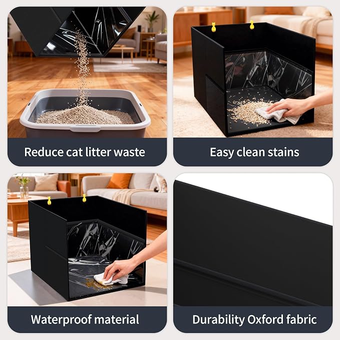 Aokeyee Cat Litter Box Enclosure Splash Guard, Black Waterproof | 27.16x21.65x16.53, Removable PVC Mat with 2 Hooks, Foldable Anti-Leakage Dust Control