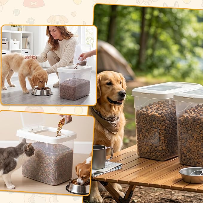 2 Pack 20 Lbs Airtight Dog Food Storage Container with Scoops | 2 Measuring Cups, Flip Lids, Clear Bins with Markings, Preserve Freshness, Pet Dog Cat Rice Grain Treat Storage