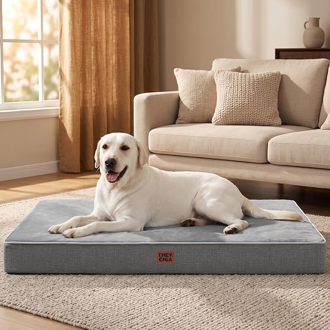 EHEYCIGA Extra Large Waterproof Dog Bed Mat Washable, 44x32Inch, Grey | High Density Egg Crate Foam, Orthopedic Memory Foam, Removable Easy Clean Cover, Fits Floor, Camping, Sofa and Car