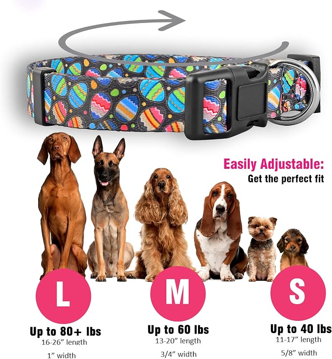 Native Pup Easter Dog Collar, Cute Spring Gift for Puppies, Pink Pastel, Eggs, Chicks, Bunny Adjustable for Small, Medium, Large Breeds (Eggs, Large)