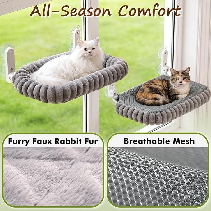 Zoratoo 2PC Cat Window Perch with Bolster Foldable Cat Hammock Cushion Bed for Window with Metal Frame, Cloud-Cuddle Cordless Window Resting Seat for Indoor Cats (Cushion Bed, Gray-L)