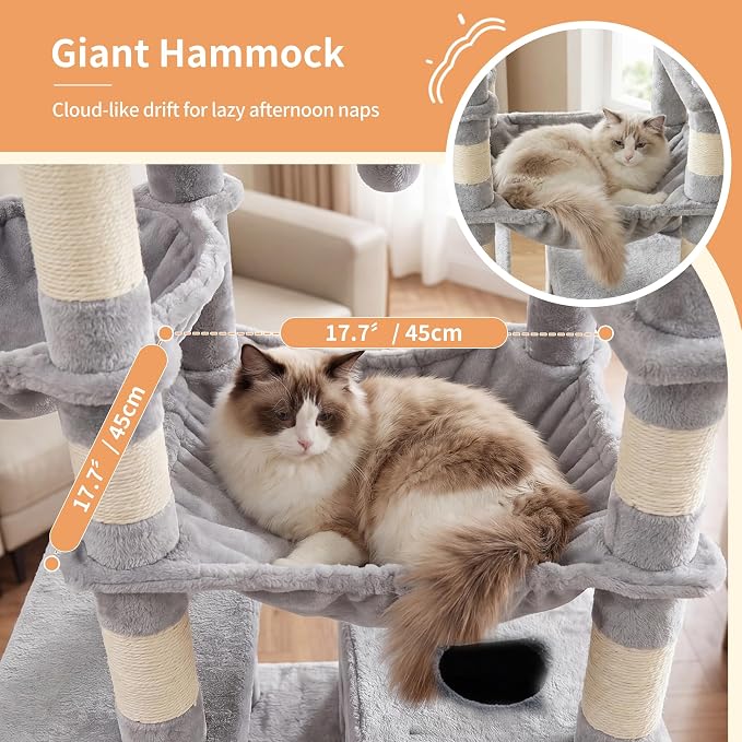 Heybly Floor to Ceiling Cat Tree, 104.7"-116.5" Height-Adjustable HCT92W | Expanded Wide Cat Climbing Tower with Wide Perch, 2 Spacious Cat Condos & 15 Scratching Posts for Indoor Cats, Light Gray