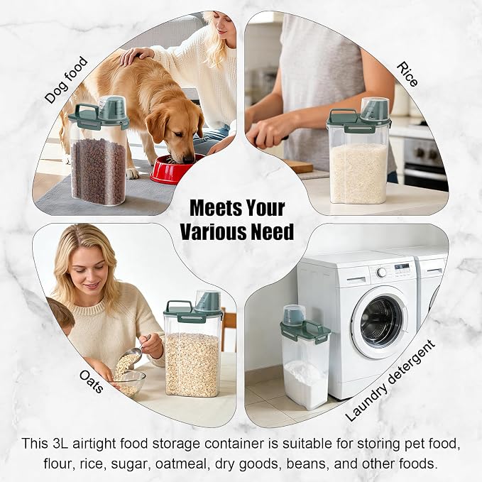 LEAWALK 3-5Lbs/3Qt Dog Cat Food Storage Container With Foldable Bowl, Plastic Pet Food Dispenser for Small Animal Kibble/Pet Food/Bird Seed/Oatmeal/Rice/Flour/Brown Sugart/Cereals (Dark Green)