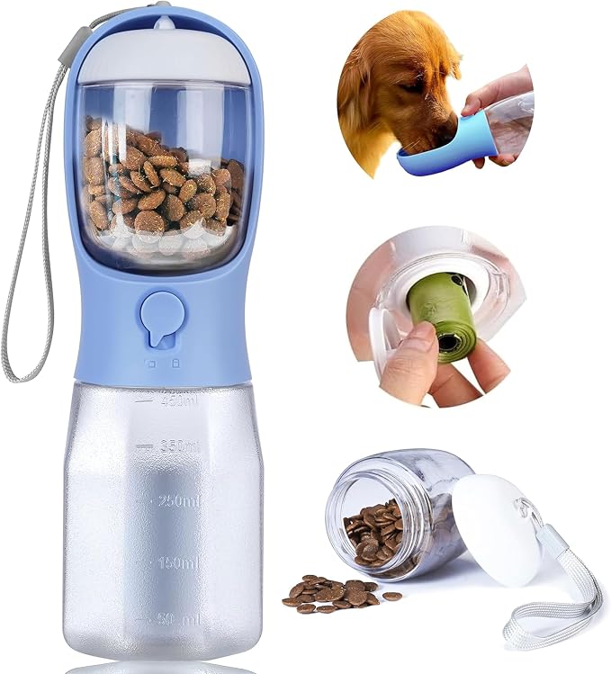 Dog Water Bottle with Food Container, Portable Pet Dog Water Dispenser for Outdoor Walking,Hiking,Travel,Puppy Essentials,Puppy Supplies,Replaceable Waste Bags