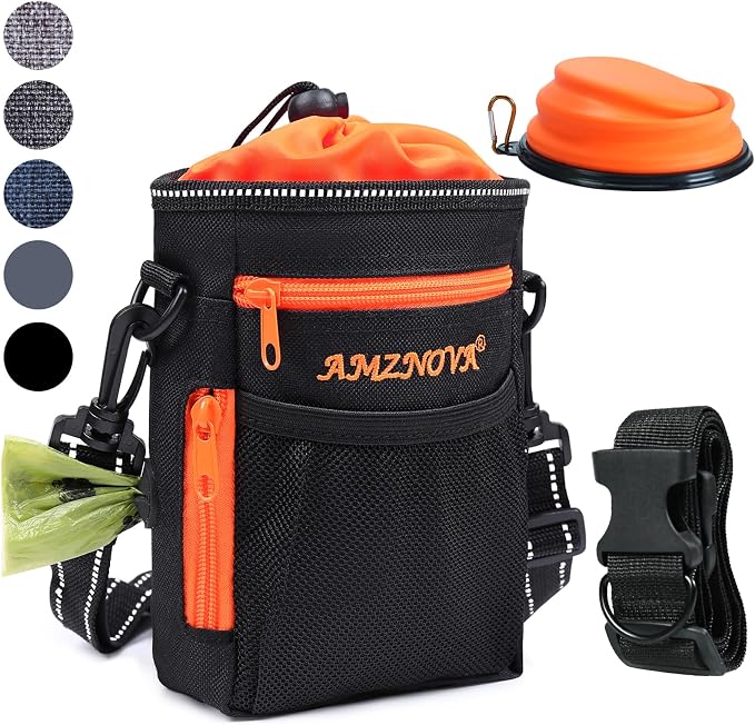AMZNOVA Dog Treat Pouch Treatnow Dog Treat Bag, 6 Cups, Black | Training Pouch with Waist Belt & Clicker for Training & Walking, Waist Clip On Snack Fanny Pack for Pet