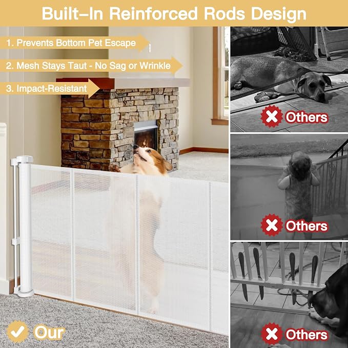 Reinforced 28 Inch Tall Retractable Baby Gates for Dogs - Easy Step Over, 100" Extra Wide Baby Gate with Support Rods, Indoor Mesh Dog Gates for The House Outdoor Retractable Gate Small Pet Gate/White