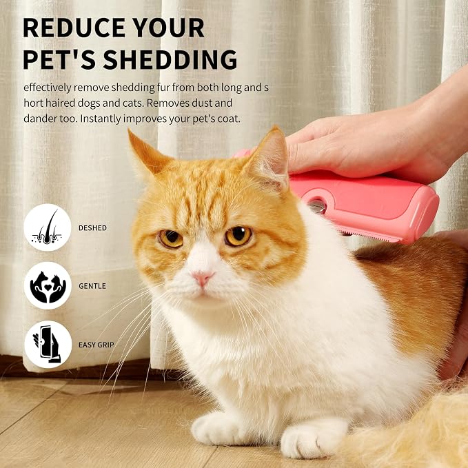 Cat and Dog Deshedding Brush for Shedding, Pink | For cats and dogs, short and medium coats, helps collect loose fur in multi-pet homes
