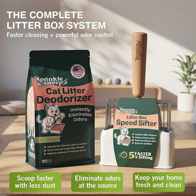 Sprinkle & Sweep: Litter Box Speed Shifter - 2 Pack - Metal Scoop, Comfortable Wood Grip, Washable Stand, Efficient Cleaning, Cat & Pet Maintenance