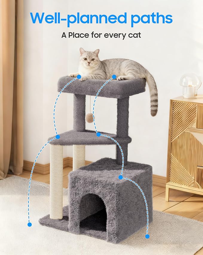 Cat Tree Tower for Indoor Cats, 33 Inches Multi-Level Cat Condo with Scratching Posts, Large Perch, Hanging Toy for Large Adult Cats, Gray