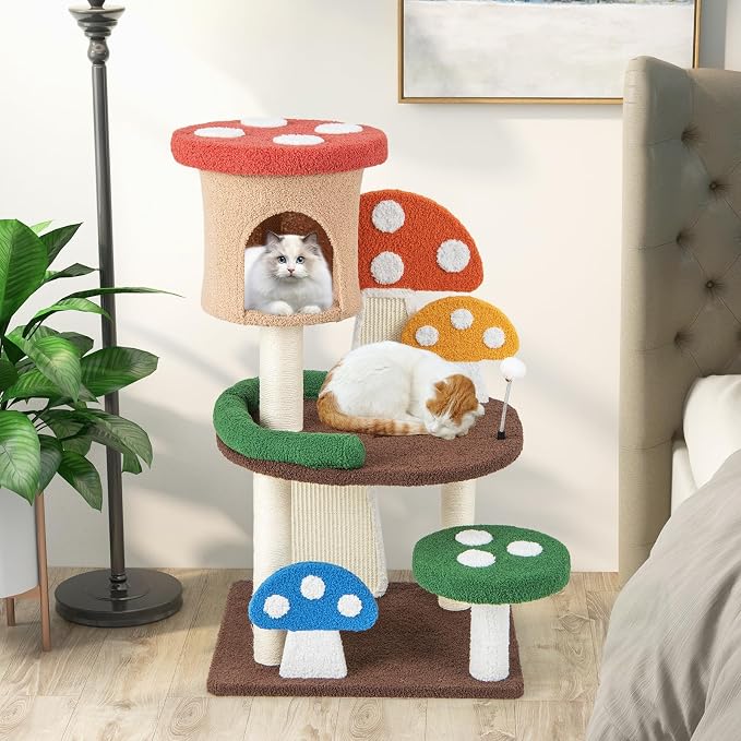 PETSITE Mushroom Cat Tree, 40.5-inch Tall Multi-Level Cat Tower with Natural Sisal Scratching Posts & Boards, Cat Condo and Spring Ball, Cute Cat Tree Tower for Indoor Cats Large Adults, Patented