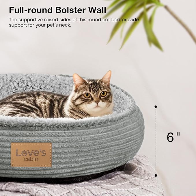 Love's cabin Round Donut Cat and Dog Cushion Bed, 20in Pet Bed for Cats or Small Dogs, Anti-Slip & Water-Resistant Bottom, Super Soft Durable Fabric Pet beds, Washable Luxury Bed Solid Grey Stripe