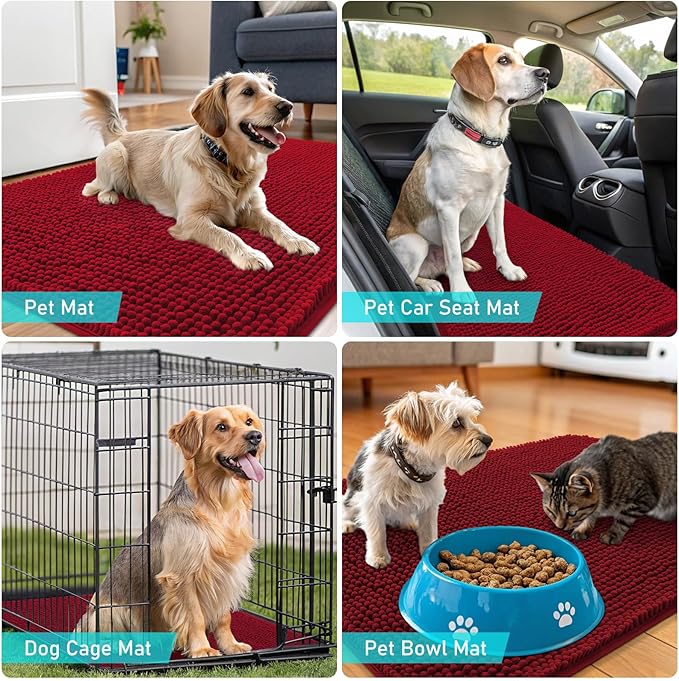OLANLY Dog Door Mat for Muddy Paws 24x16, Super Absorbent Chenille Mud Mat | Red, Absorbs Moisture and Dirt, Non-Slip Machine Washable Doormat, Quick-Drying Indoor Entryway Floor Carpet for Dogs