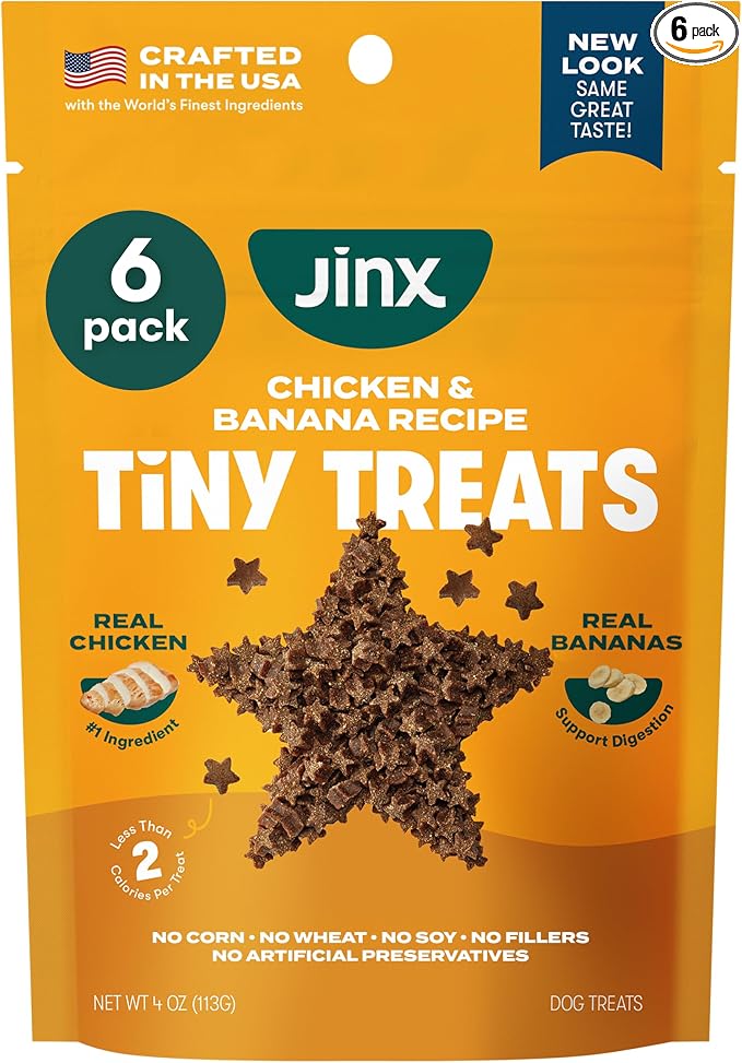 Jinx Chicken & Banana Training Treats for Dogs and Puppies, Low-Calorie, All Natural, Slow-Smoked Real Chicken, No Fillers 4oz, 6 Pack | 6 Pack Healthy Dog Treats Training with Cage Free Chicken, Vitamins for Immunity & No Fillers for Puppies, Adults &...