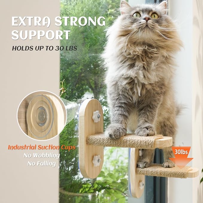 PETKARAY Large Cat Window Shelf, Upgraded Window Stairs for Indoor Cats, Sturdy Wooden Steps with Sisal Surface, Easy Access to Perch & Windowsill, 2 Packs