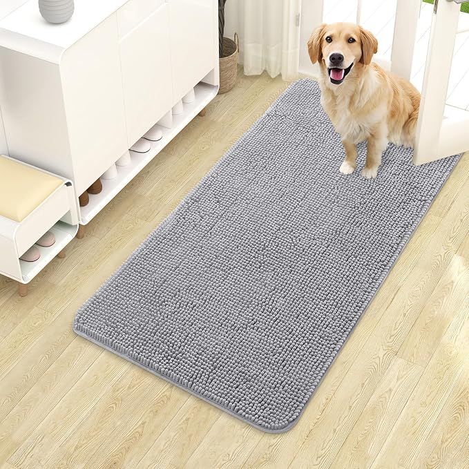 OLANLY Dog Door Mat for Muddy Paws 40x24, Super Absorbent Chenille Mud Mat | Light Grey, Absorbs Moisture and Dirt, Non-Slip Machine Washable Doormat, Quick-Drying Indoor Entryway Floor Carpet for Dogs