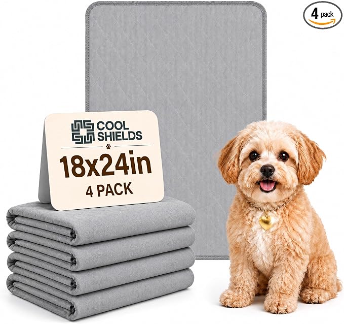 CoolShields Washable Pee Pads for Dogs, 18'' x 24'', Grey, 4 Pack | Ultra-Absorbent Reusable Waterproof Puppy Pad for Crates, Playpens, Carpets, and Floors—Ideal for Dogs, Cats, and Small Pets