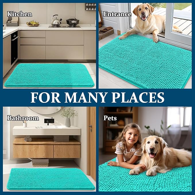 OLANLY Dog Door Mat for Muddy Paws 47x32, Super Absorbent Chenille Mud Mat | Teal, Absorbs Moisture and Dirt, Non-Slip Machine Washable Doormat, Quick-Drying Indoor Entryway Floor Carpet for Dogs