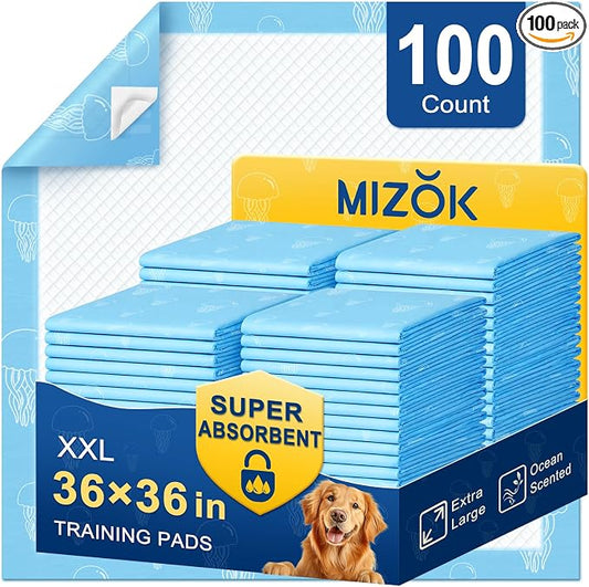 MIZOK Dog Pee Pads 36x36in Jumbo Dog Pads Super Absorbent Up to 11 Cups Marine Scented Odor-Control Pee Pads with Jellyfish Pattern, Quick Dry & Leak-Proof (100 Counts)