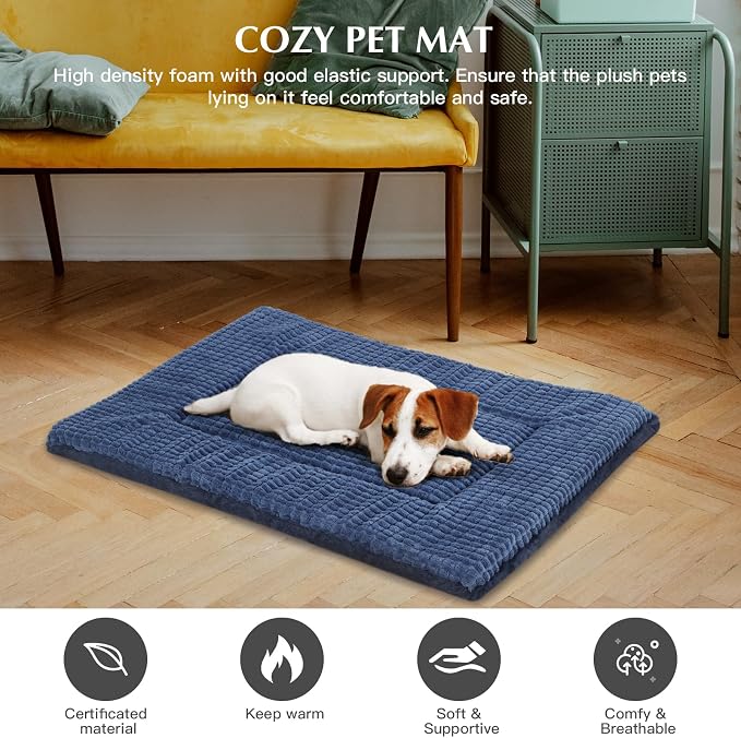 BVAGSS Reversible Dog Crate Pad, Memory Foam Pet Bed Mat, Soft Warm Machine Washable Sleeping Kennel Mattress for Small Medium Dogs XH079 (24''x18''x1.6'',Navy)