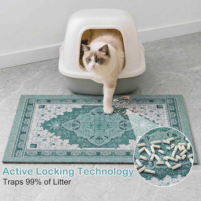 Glittme Cat Litter Mat with Non-Slip Bottom Litter Box Mat 40"X30" Litter Trapping Mat Easy to Clean Washable Cat Food Mat for Kitty,XL