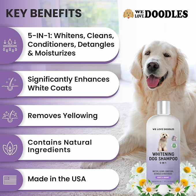 Dog Whitening Shampoo & Conditioner, Removes Stains On White Coat, USA Made | Prevents Discoloration & Brightens Fur On White Haired Dogs, Tearless, Hypoallergenic, Gentle, Natural Shampoo for Dogs, USA