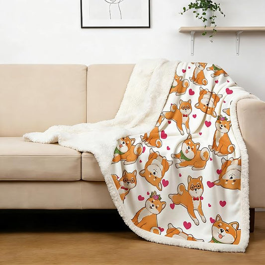 BlessLiving Cute Watercolor Dogs Pattern Fleece Blanket Shiba Inu Puppy Sherpa Reversible Throw Animal Print Plush Blanket (Twin, 60 x 80 Inches)
