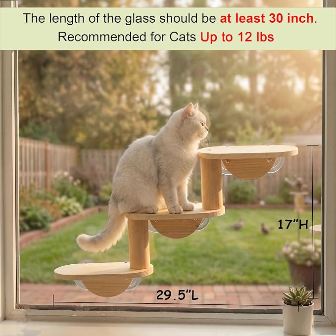 Cat Window Ladder, 3-Level Solid Pine Steps for Climbing and Bird Watching | Window-View Enrichment,Drill-Free,Hold Up to 40lbs, For Small to Medium Cats,Minimum 30 in Unobstructed Glass Width