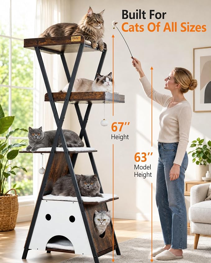 Modern Wood Cat Tree Tower for Indoor Cats Large Adult 67-in Tall | Heavy Duty XL Stable Wooden Cat Condo House Furniture with Multi-Level Spacious Perch Scratching Board Soft Washable Pads