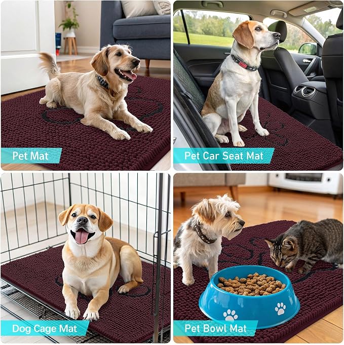 OLANLY Dog Door Mat for Muddy Paws 30x20, Paw Print Design Chenille Mud Mat | Russet, Absorbent, Traps Moisture and Dirt, Non-Slip Washable Doormat, Quick-Drying Indoor Entryway Floor Carpet for Dogs