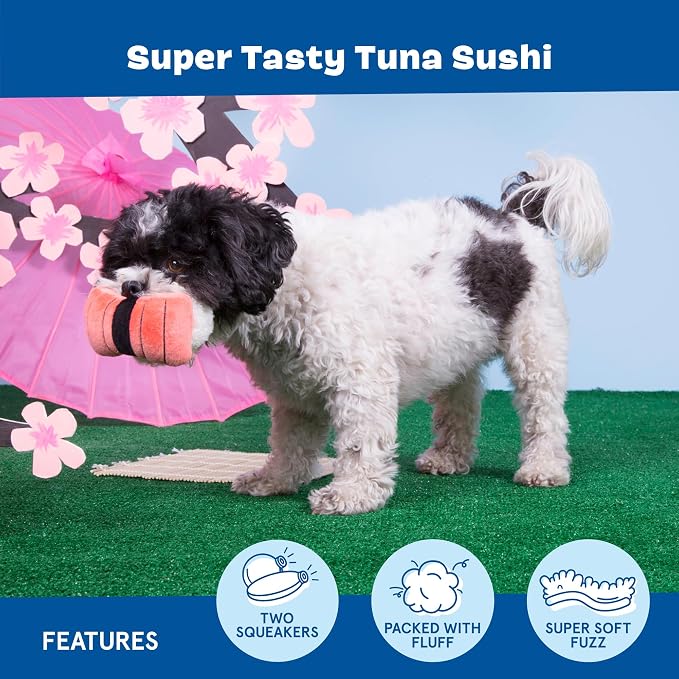 BarkBox Super Tasty Tuna Sushi Dog Toy | Plush Nigiri Toy with 2 Squeakers, Super Soft Fuzz & Fluffy Filling | for Small to Medium Dogs