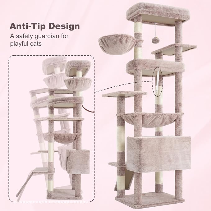 Heybly Tall Cat Tree for Large Cat, 80-inch Multi-Level Cat Tower HCT038MU | Condo Furniture for Indoor Cats with Large Baseboard, 2 Widened Plush Perches, Scratching Board, Big Caves, Rosy Brown