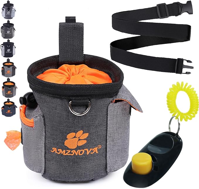 AMZNOVA Dog Treat Pouch Treatnow Dog Treat Bag, 3 Cups, Heather Black | Training Pouch with Waist Belt & Clicker for Training & Walking, Waist Clip On Snack Fanny Pack for Pet
